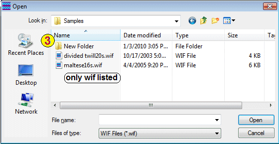 file open dialog viewing wif